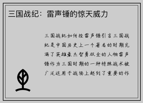 三国战纪：雷声锤的惊天威力